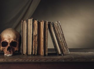 Gothic literature books sit on a shelf next to a skull