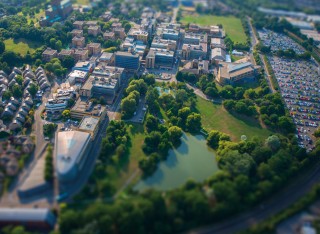 An aerial view of the Stag Hill campus at Surrey