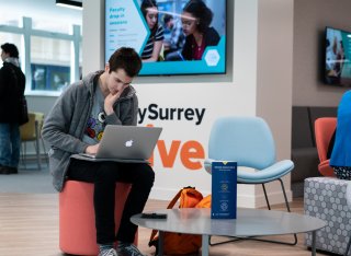 Student working on laptop in The Hive