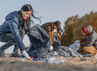 People picking up rubbish