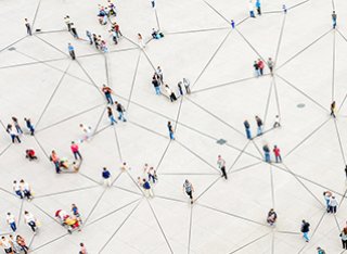 Aerial view of crowd connected by lines 