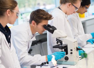 Student using microscope