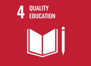 UN Sustainability Goal 4 logo, quality education.