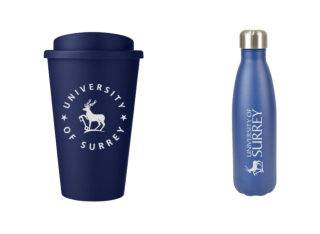 A University branded reusable coffee up and a metal flash