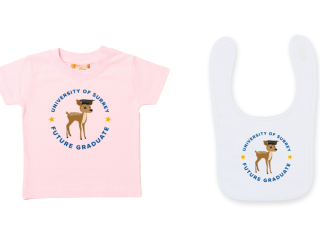 University branded babywear - a pink t-shirt and a bib