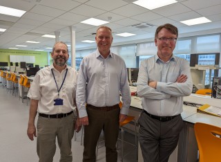Paul Smith, Peter Thompson and Bob Nichol stand in the University of Surrey's Radiation Lab