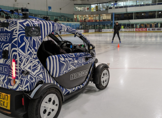 University of Surrey's autonomous Zebra car drives on the ice rink at Guildford Spectrum