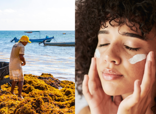 Split image. On the left, man collects seaweed on mexico's coast. On the right, a woman applies face cream. 