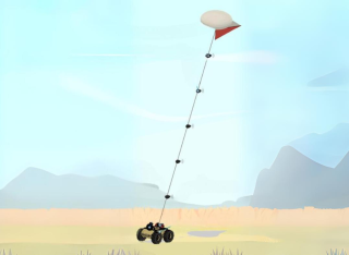 a computer generated image of a robot flying a helium kite on a landscape