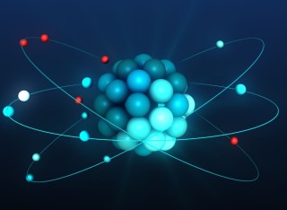 Atom model, protons and neutrons in atomic nucleus and orbiting electrons