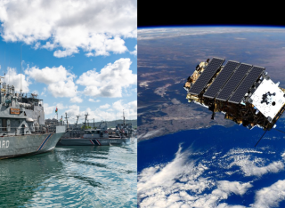 split image. On the left, mauritius coastguard vessel in harbour. On the right, a graphic of NovaSAR-1 satellite in space