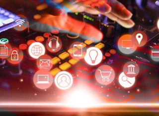 Floating media icons with hand above