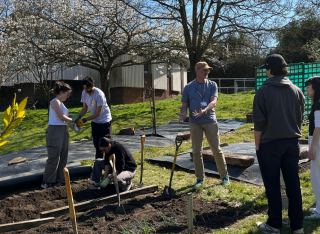 A group of students and staff gardening