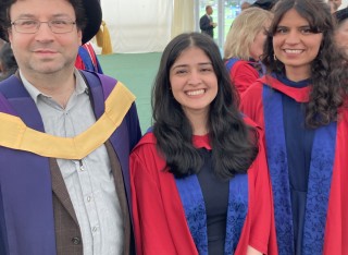 Prof Ricardo Nunes with Vedanta Dhamija and Roshni Tara at their PhD graduation ceremony, April 2024