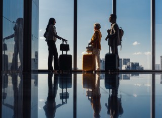 three people with suitcases in a hotel