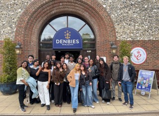 University of Surrey marketing students on a field trip at Denbies Wine Estate in Surrey Hills