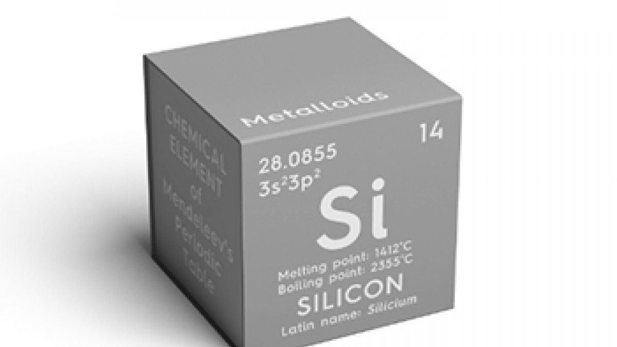 A grey cube with the chemical symbol for Silicon