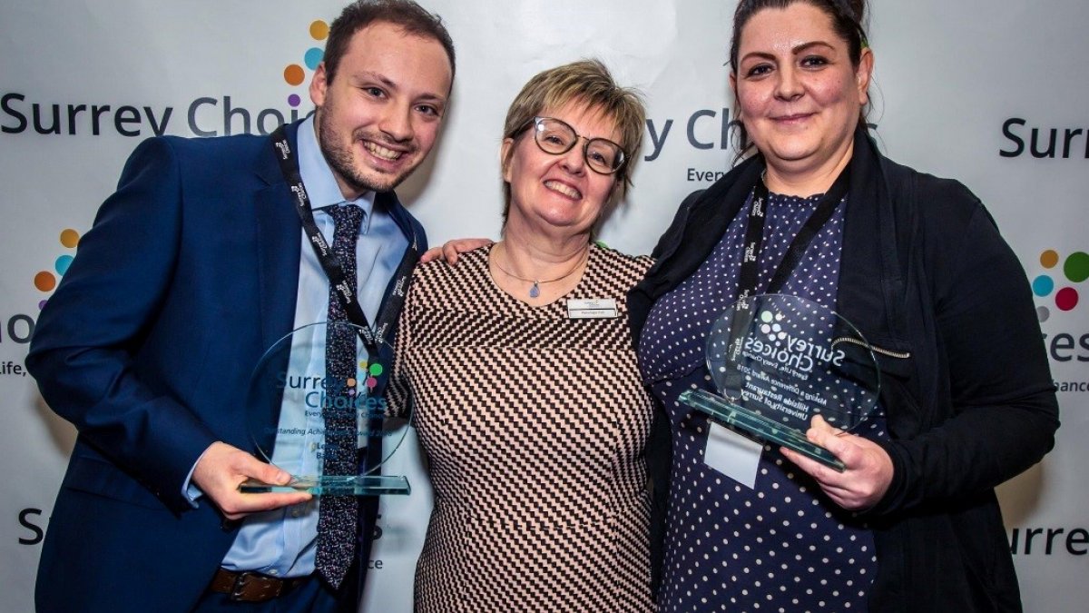 Lewis (EmployAbility participant), Penelope Fell (Managing Director of Surrey Choices), Debbie Nottridge (Hillside Manager)