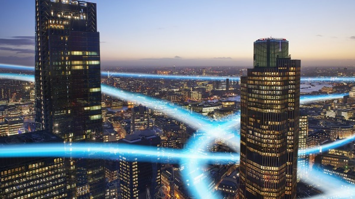 5g waves twisting around high rise office buildings