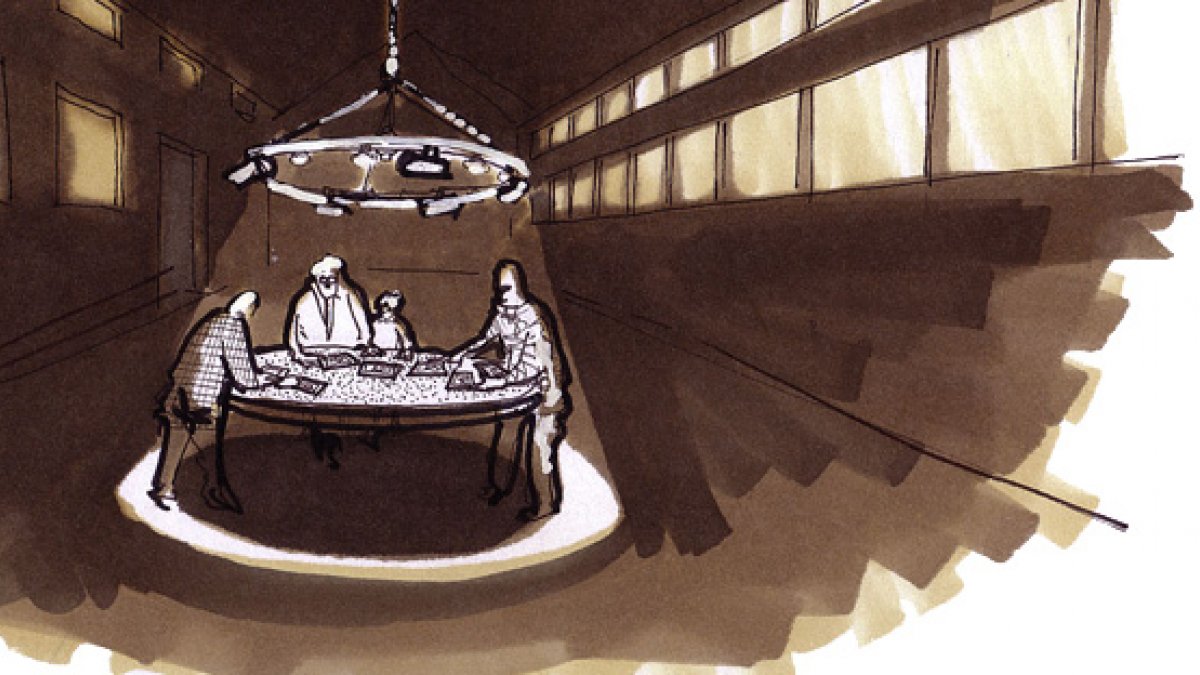 Illustration of people talking around table