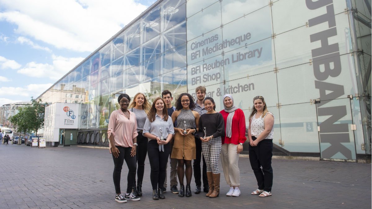 A group of University of Surrey students stood out the BFI building in London