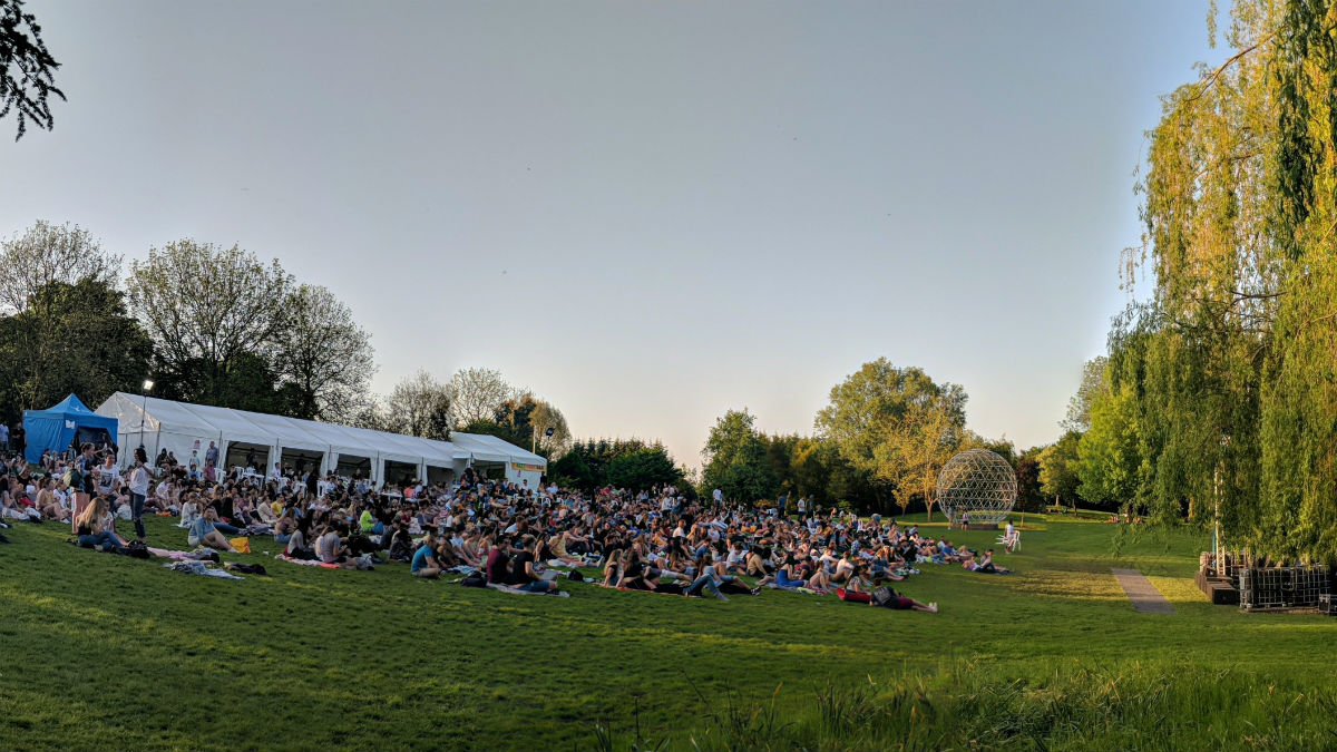 Outdoor cinema taking place on a sunny evening at University of Surrey