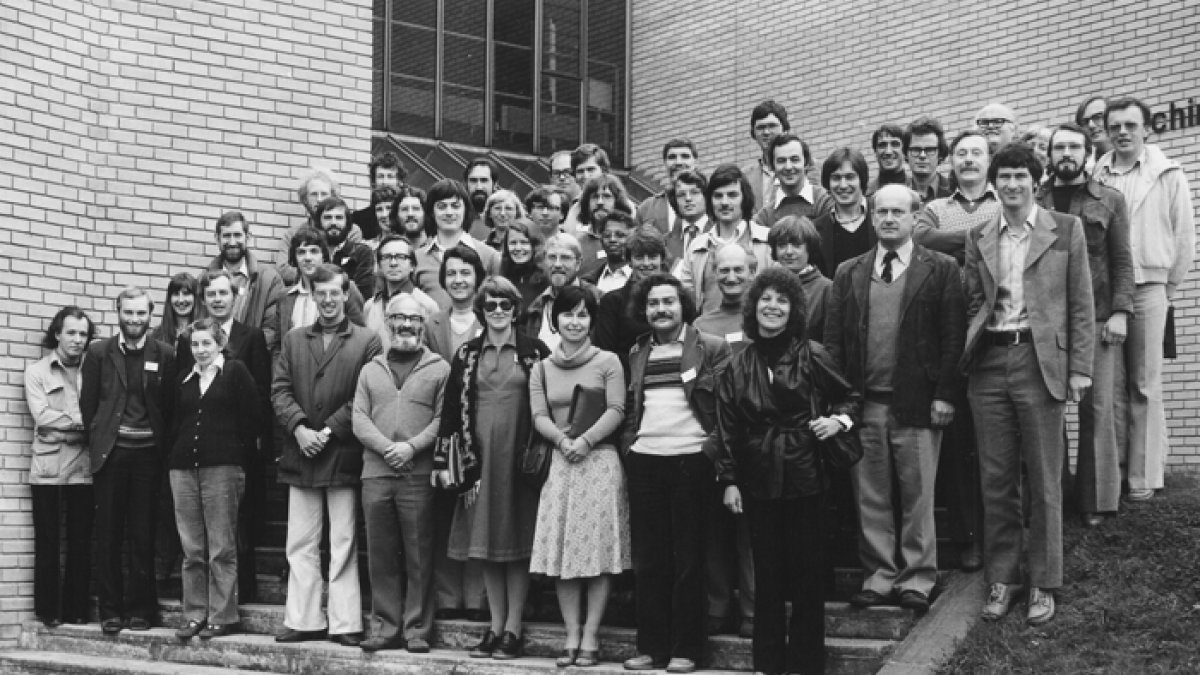 Professor Lewis Elton and new lecturers in 1979