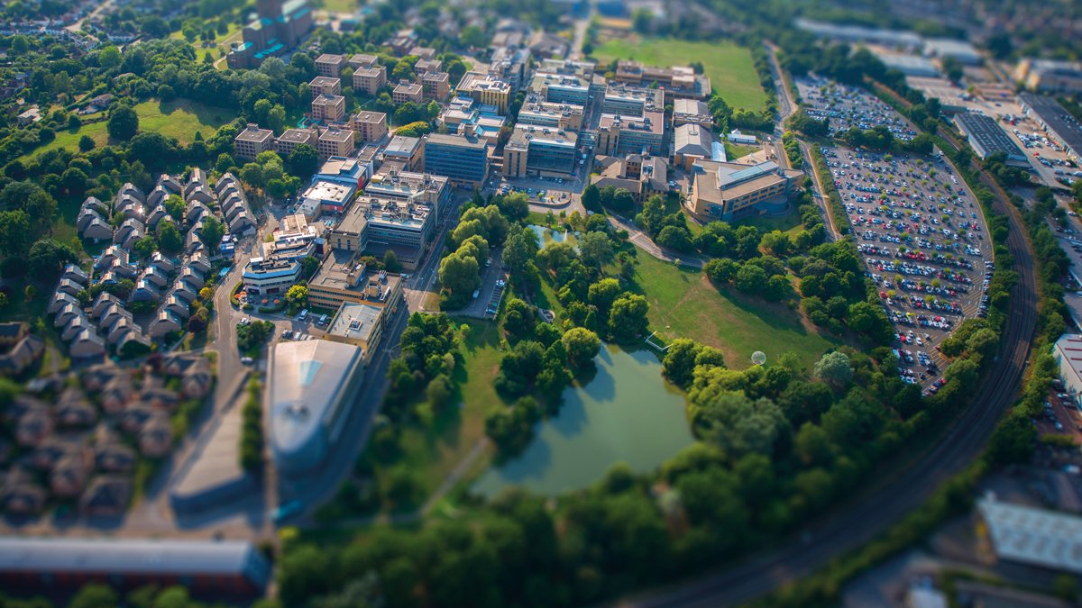 An aerial view of the Stag Hill campus at Surrey