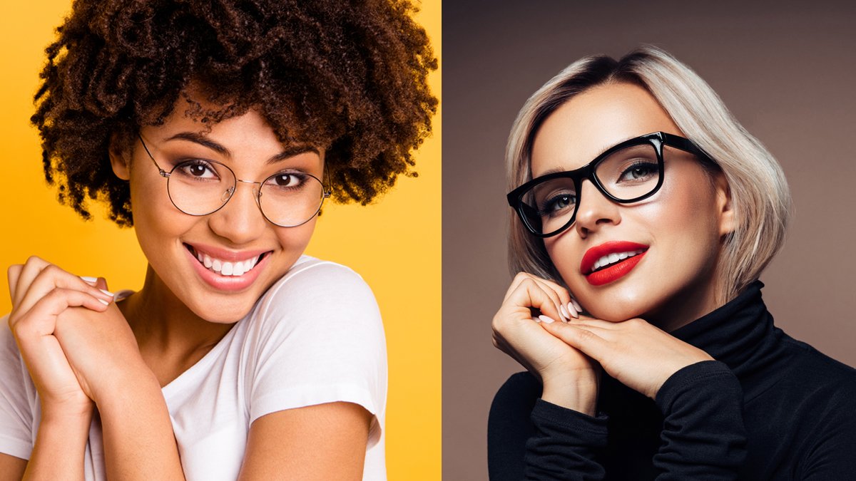 Two women wearing very different styles of glasses