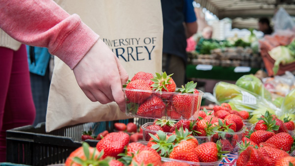 Strawberries being sold at a market at the University of Surrey