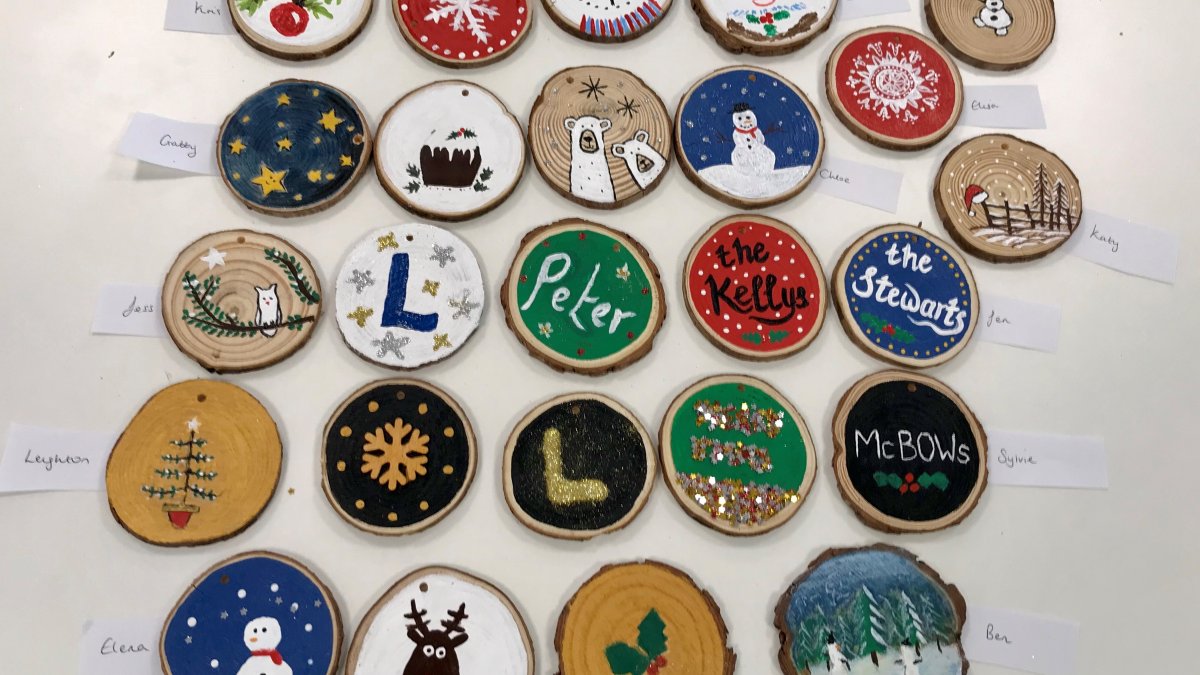 Christmas decorations painted in a lunchtime craft workshop