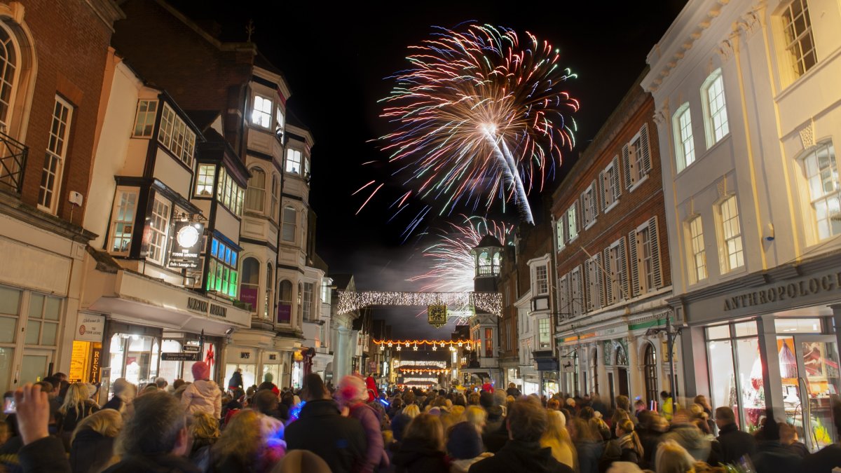 Christmas lights and fireworks in Guildford