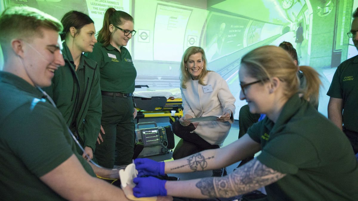 Her Royal Highness Sophie Wessex watches paramedic demonstration at University of Surrey