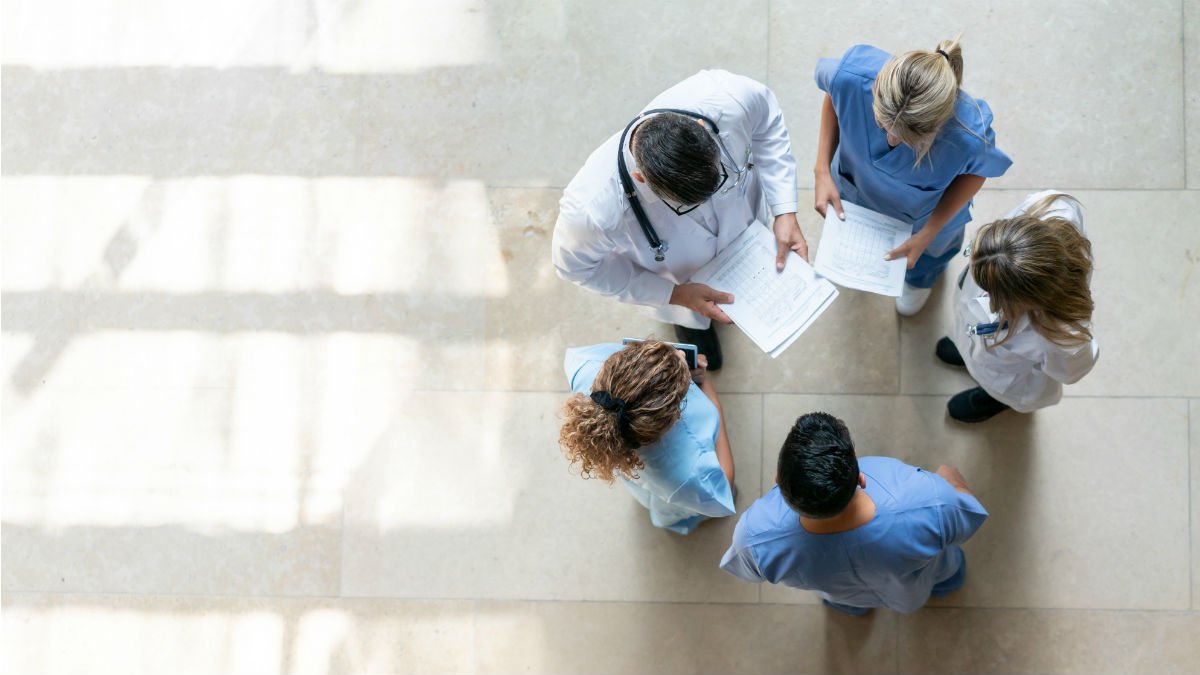 Aerial view of doctors and nurses standing together