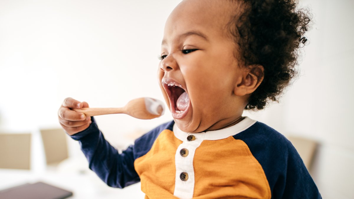 Toddler eating yoghurt off a spoon