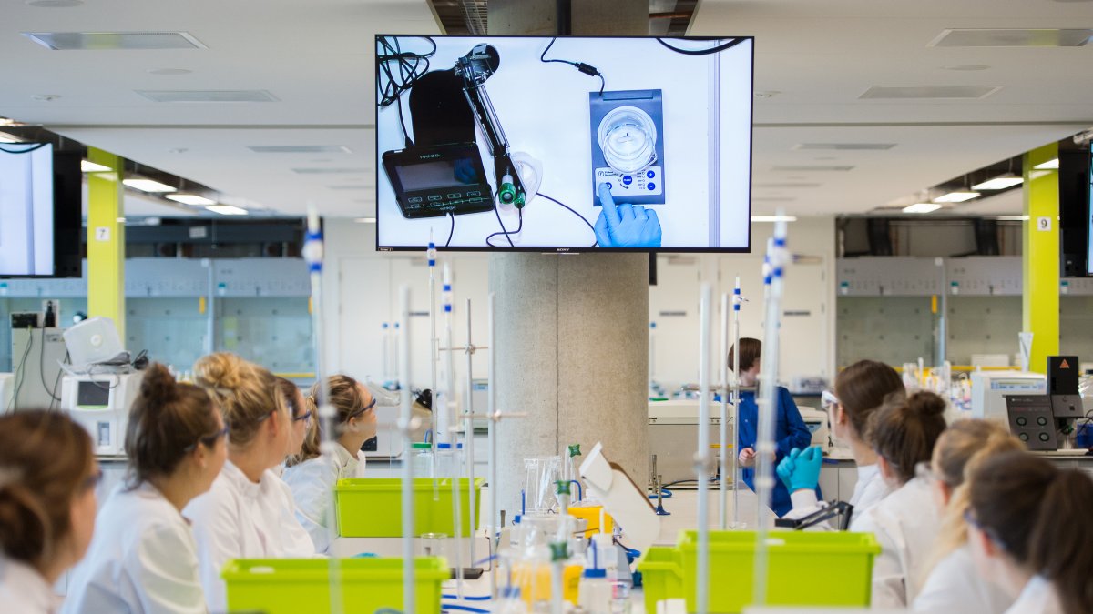 Students looking at a plasma screen in a lab