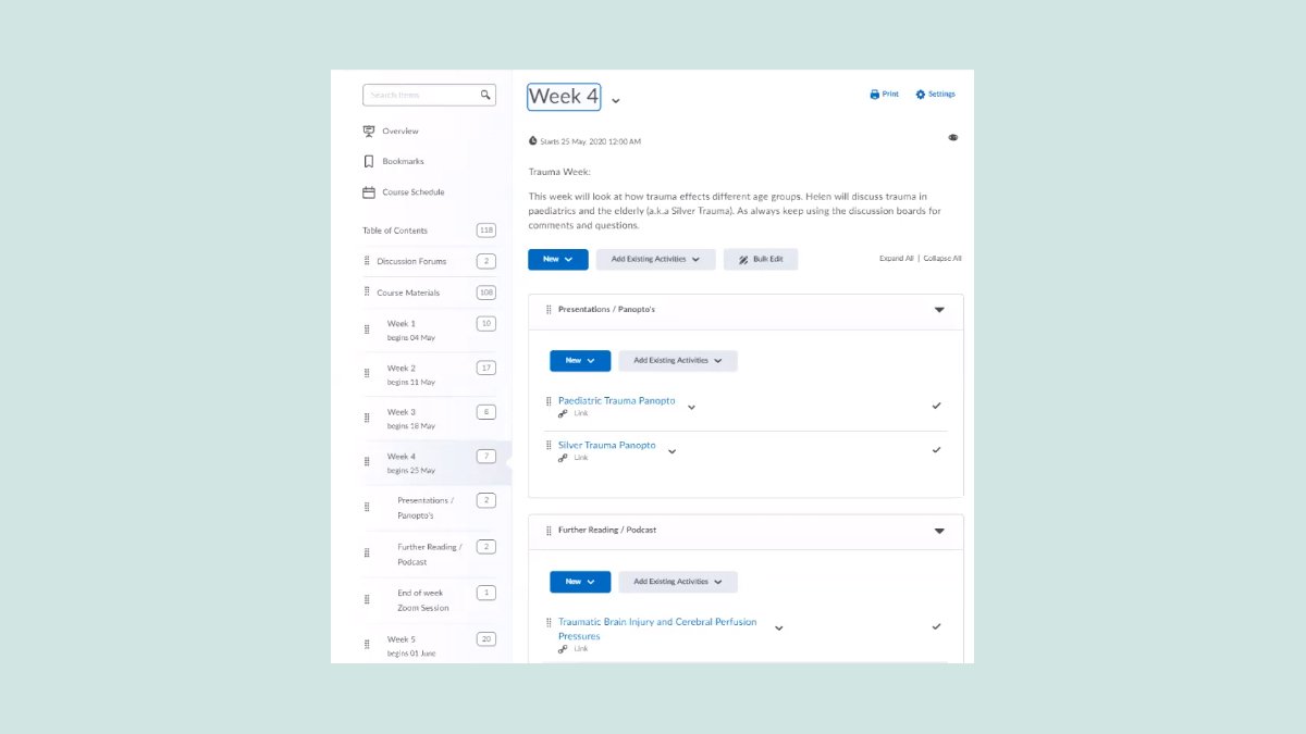 Screenshot of SurreyLearn showing how module content is broken down into weeks and tasks