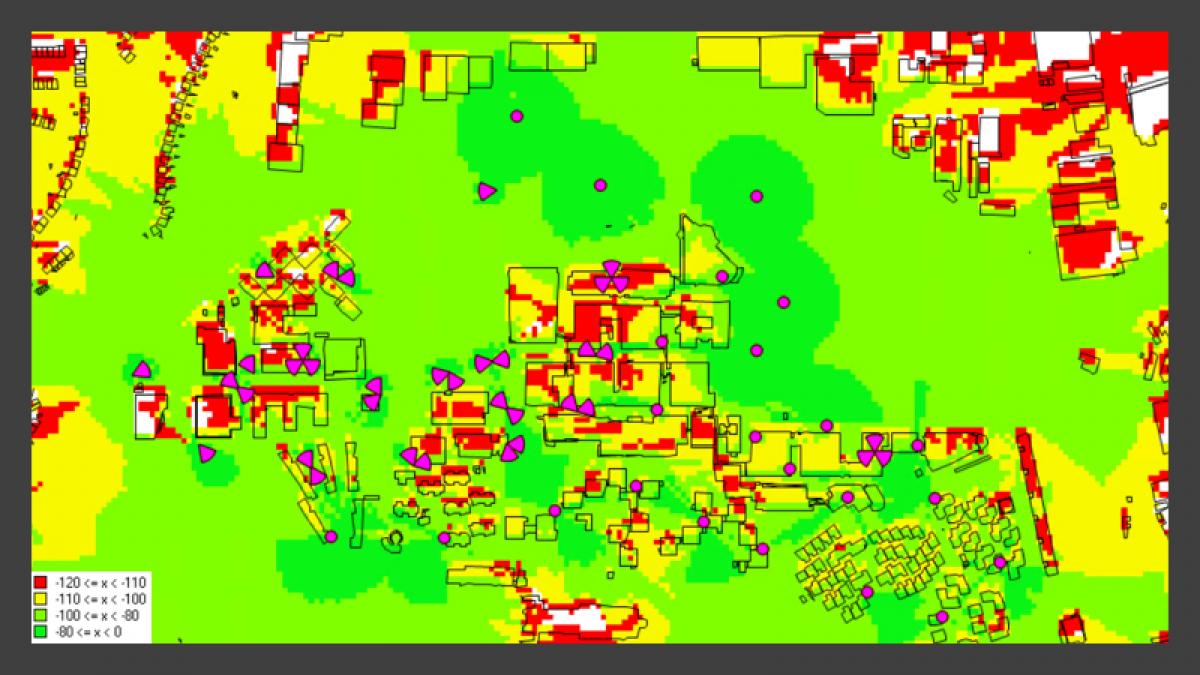 Diagram showing the reference signal receive power coverage of the campus testbed