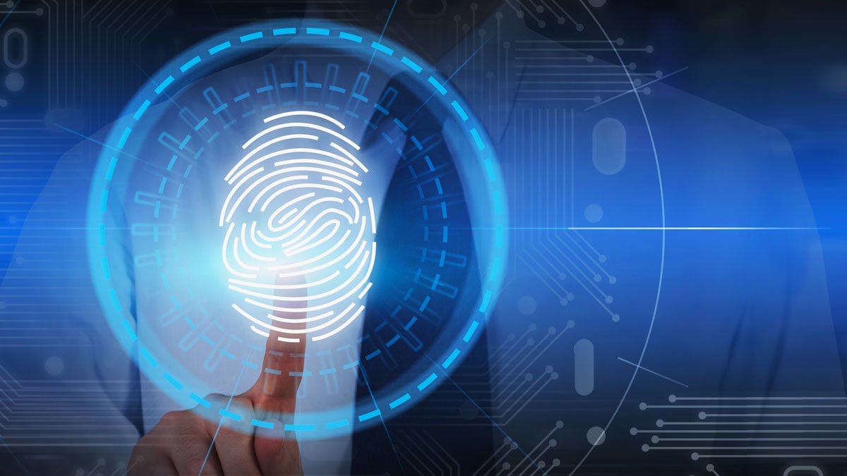 Fingerprint illustration on screen with person pressing it