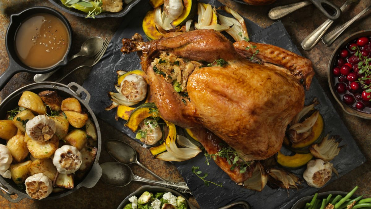 Aerial view of a turkey roast dinner