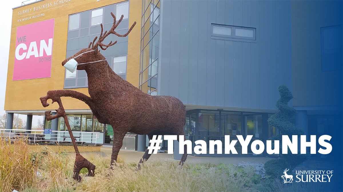 Stag sculpture wearing a face mask with overlaid text saying '#ThankYouNHS'