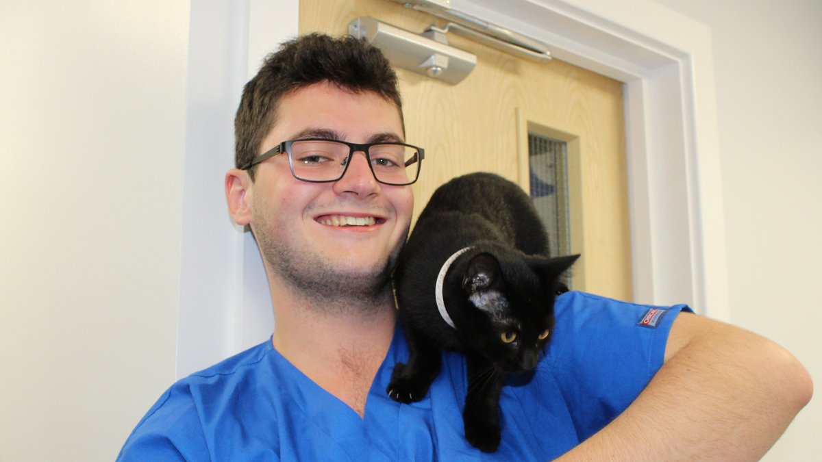 Trainee vet, Dan Letch, with a cat on his shoulder