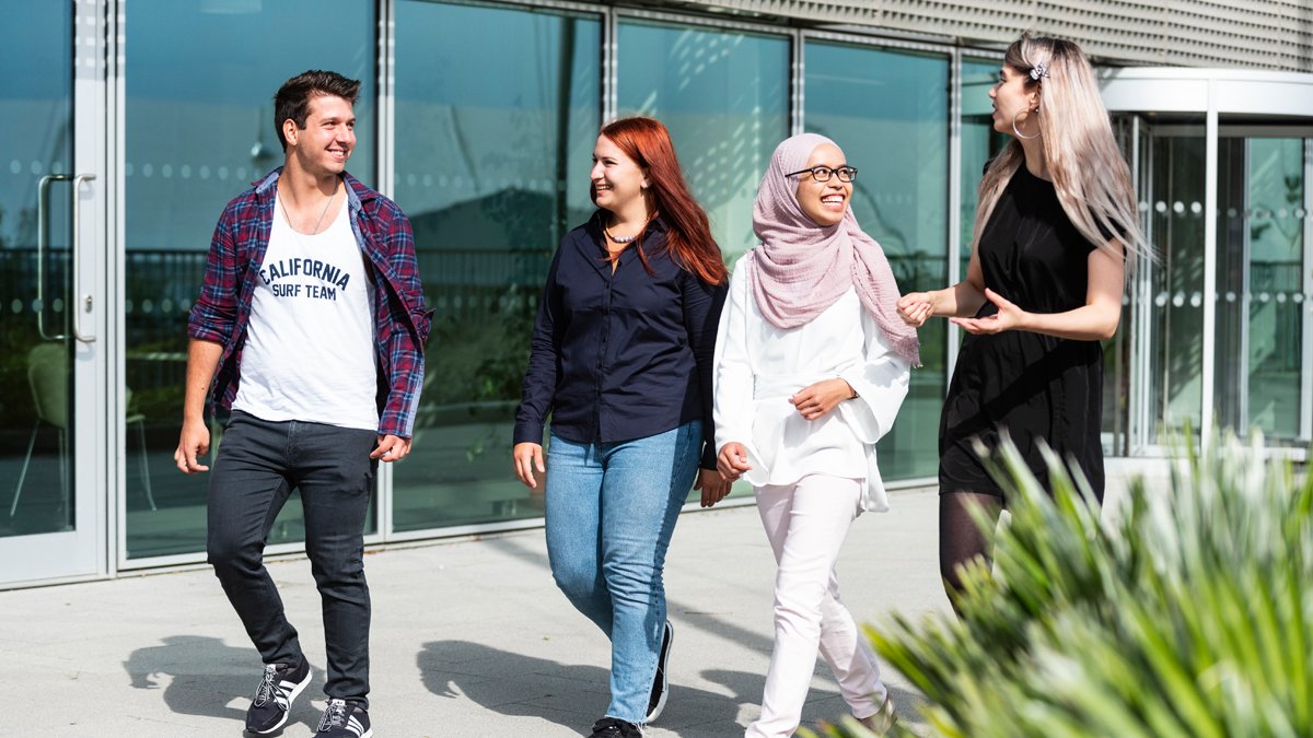 Four students walking alongside each other