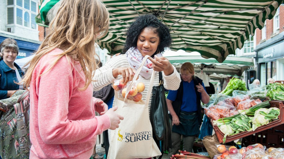 Students at Guildford food market
