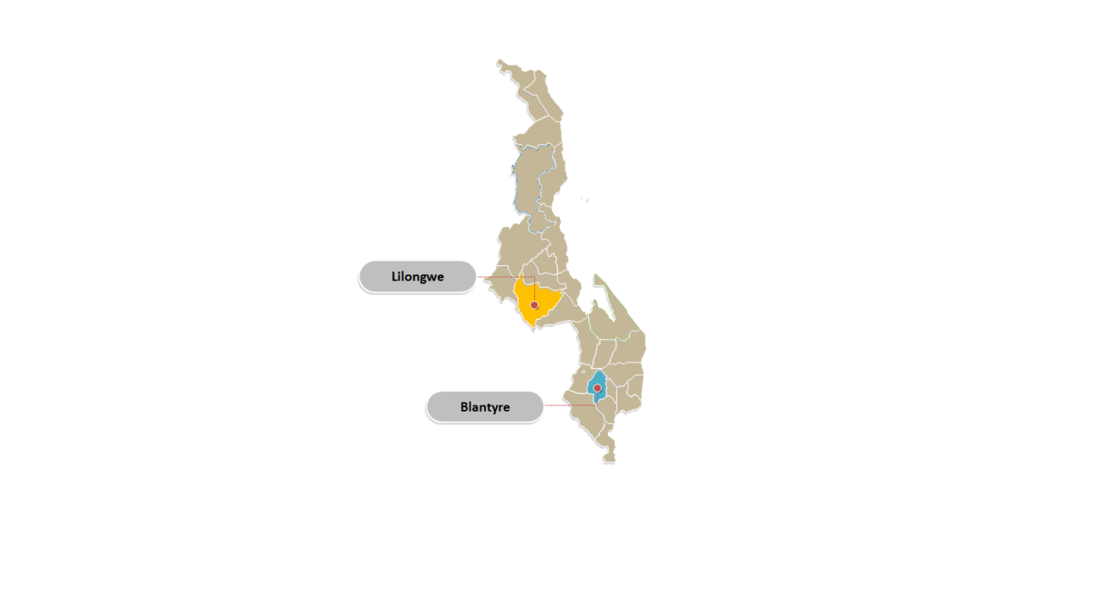 Map of Malawi, highlighting the regions of Lilongwe in the centre of the country, and Blantyre in the south.