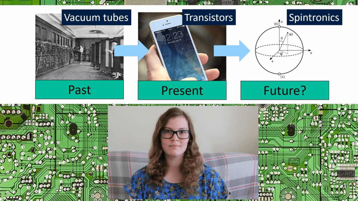A thumbnail showing a woman with brown hair and glasses wearning a blue to in the bottom centre. The image of her is superimposed on top of a powerpoint slide. Above her on the side there are three boxes saying 'past: vacuum tubes', 'present: transitors', and 'future? spintronics' accompanied by images. The slide background is of a green circuit board.
