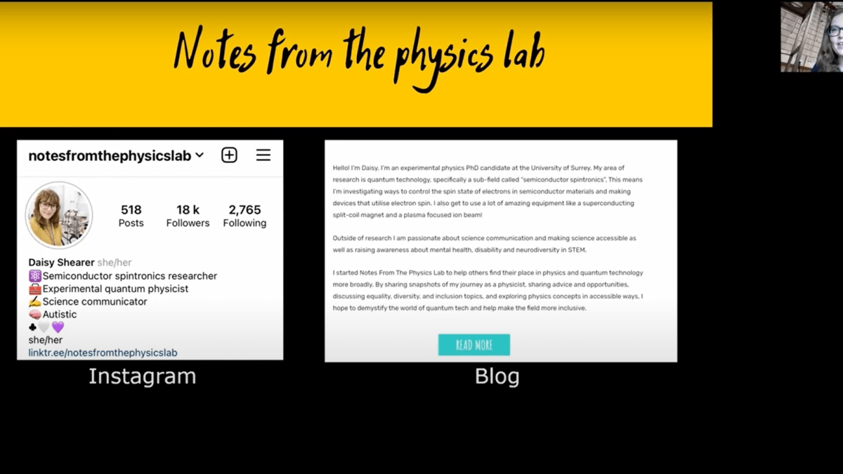 A still from a virtual talk with a woman in the top right. The slide says 'Notes from the physics lab' at the top on a yellow background. Underneath the title the slide is black and shows an instagram profile on the left. On the right is the 'about section' of the notes from the physics lab blog.