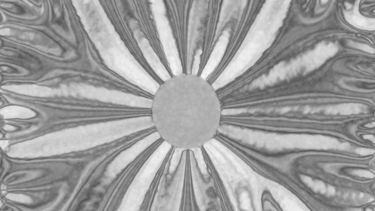 Grey, flower-like image of silicon under strain