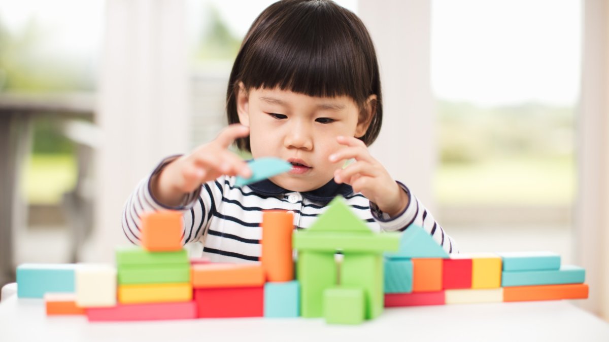 Child plays with building blocks 