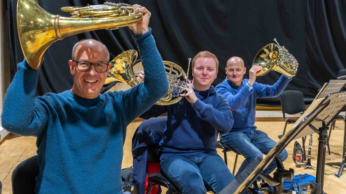 Three brass instrument musicians taking part in Surrey Orchestra Day 2021